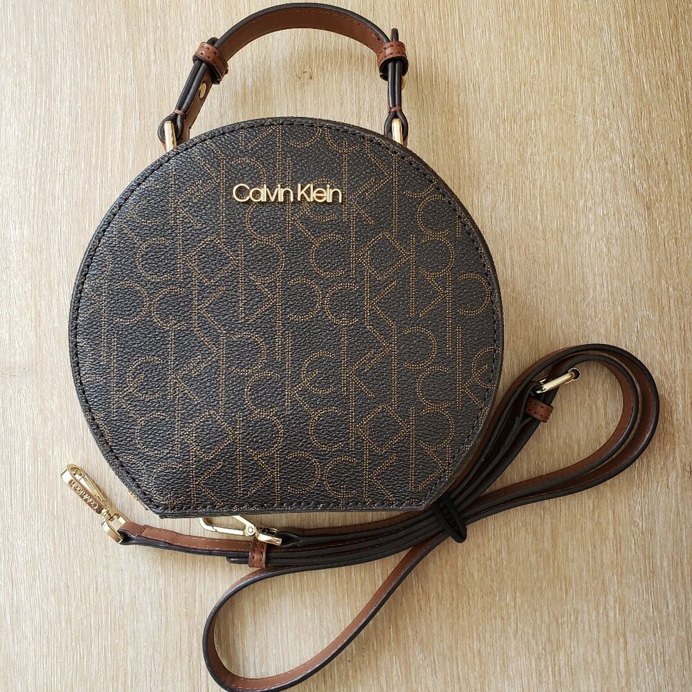 Calvin Klein Dark Brown Monogram Round Crossbody with Tan Handle - Picture 9 of 9